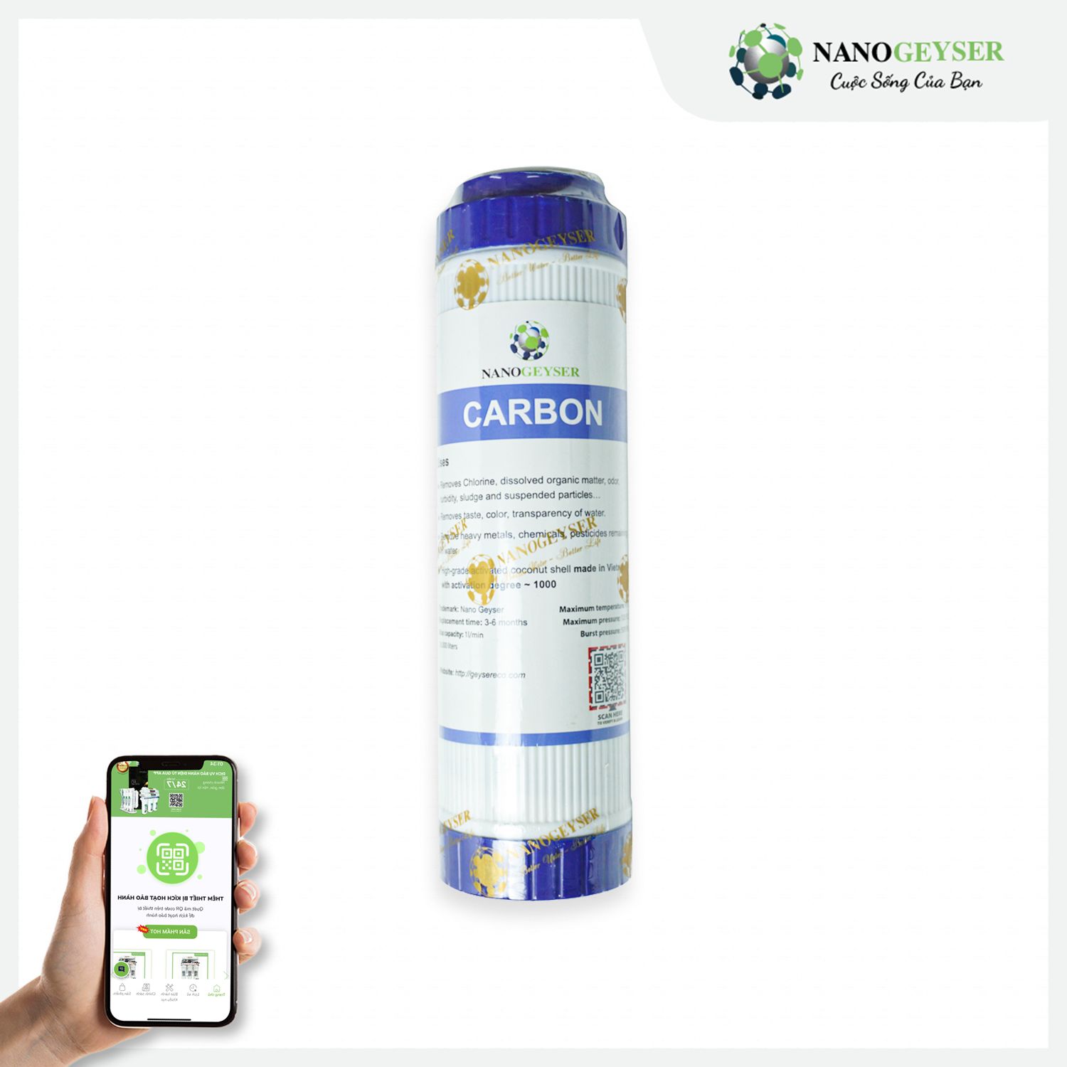 Lõi Carbon Nano Geyser Loại bỏ mùi vị, màu sắc, độ trong suốt của nước