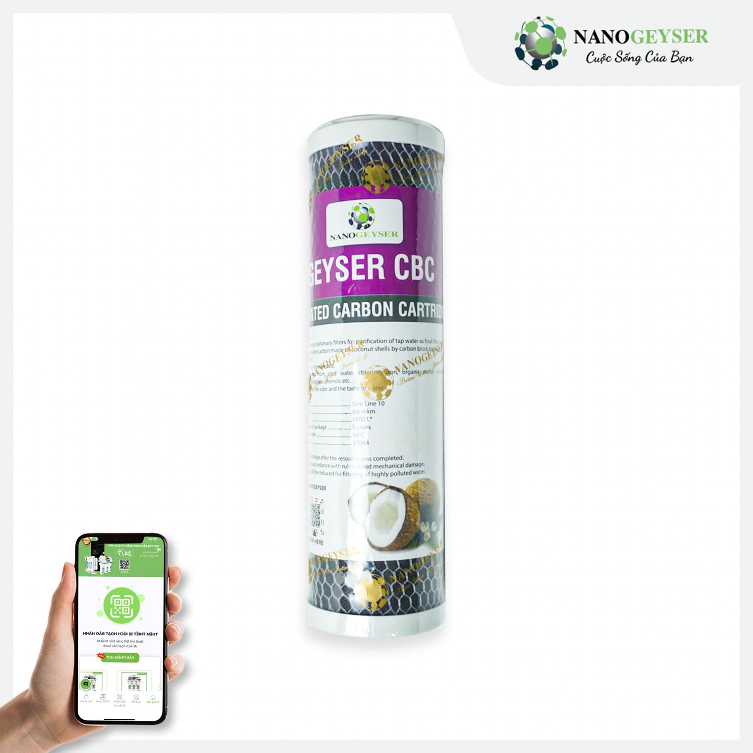 Lõi CBC Nano Geyser Lõi than hoạt tính gáo dừa, chuyên dùng cho máy nano không điện